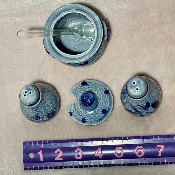 Vintage Blue Salt Glaze Stoneware Pottery Salt & Pepper Shaker with Sugar Bowl - Picture 2 of 4